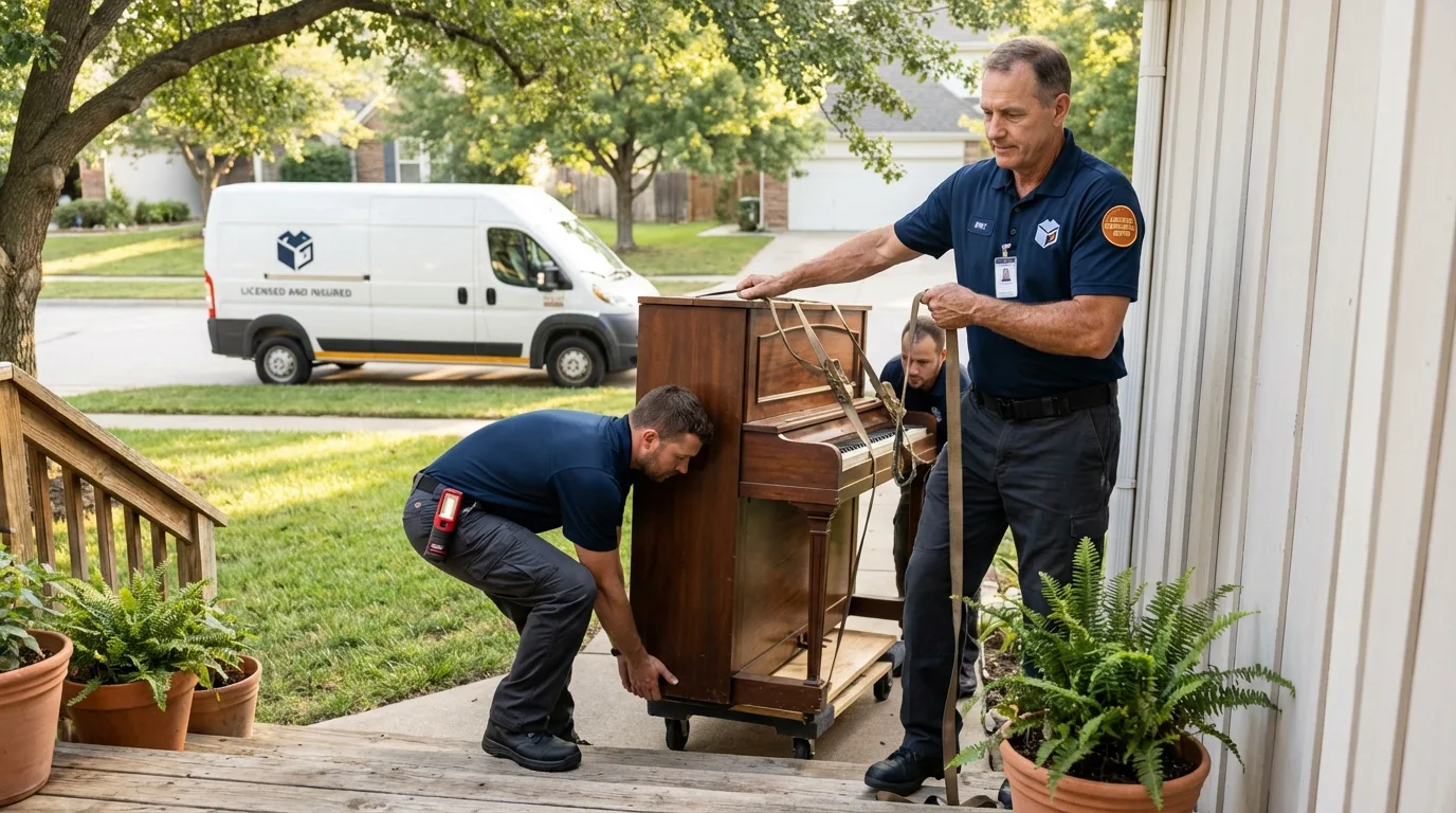Licensed piano movers securing grand piano in Pleasant Ridge, MI