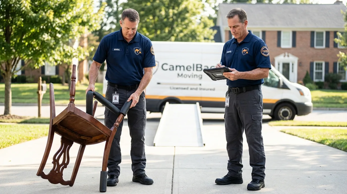 Movers inspecting furniture for damage prevention before loading in Pleasant Ridge, MI